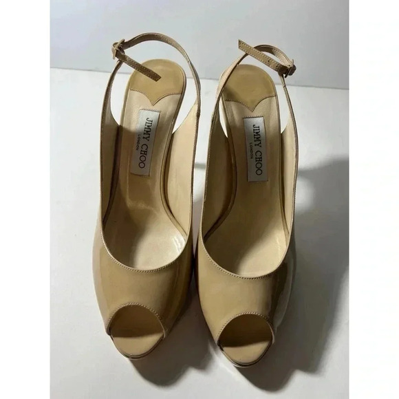 Jimmy Choo Shoes - Jimmy Choo Beige Peep Toe Slingback Heels